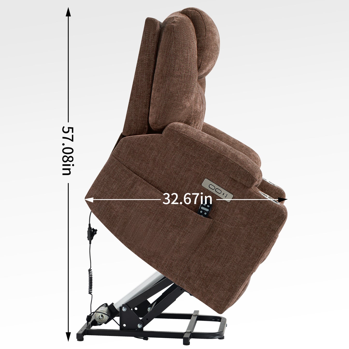 Okin Motor Chenille Power Lift Recliner Chair with Massage, Heating, USB Ports, and Cup Holders - Brown