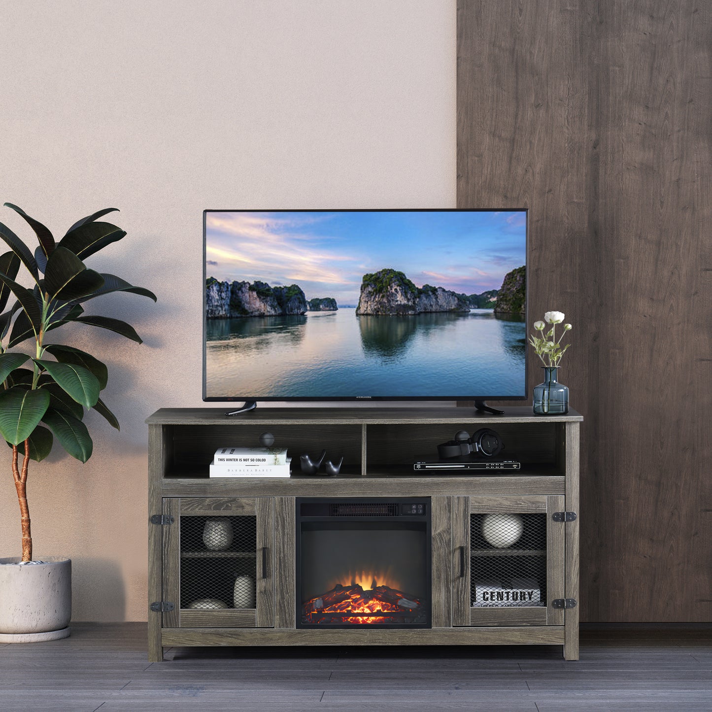 Industrial Style Electric Fireplace TV Stand with Storage Cabinet, Fits up to 65 Flat Screen TV, Grey