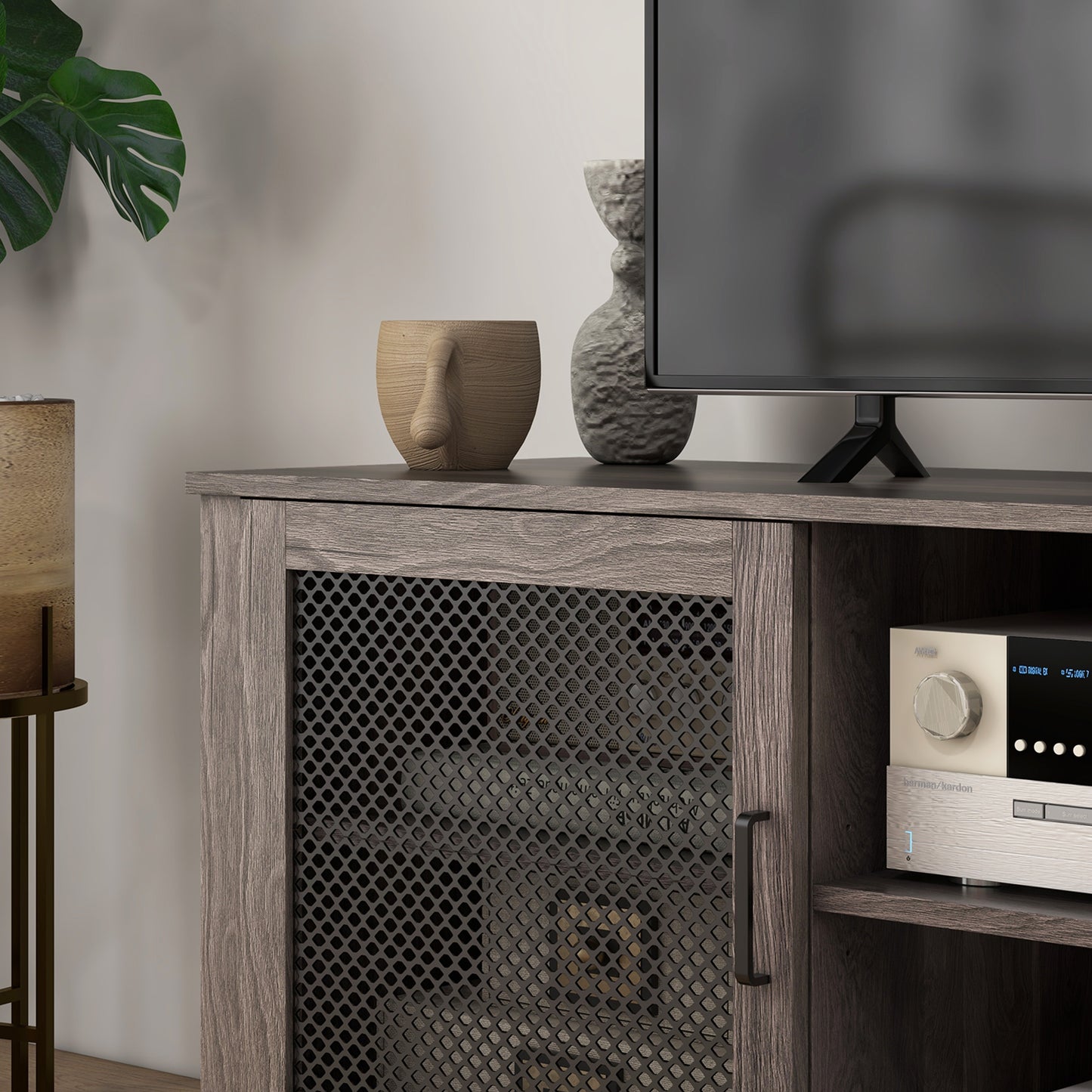 Industrial Entertainment Stand with Mesh Doors for TVs up to 65, Brown Wood Texture TV Cabinet