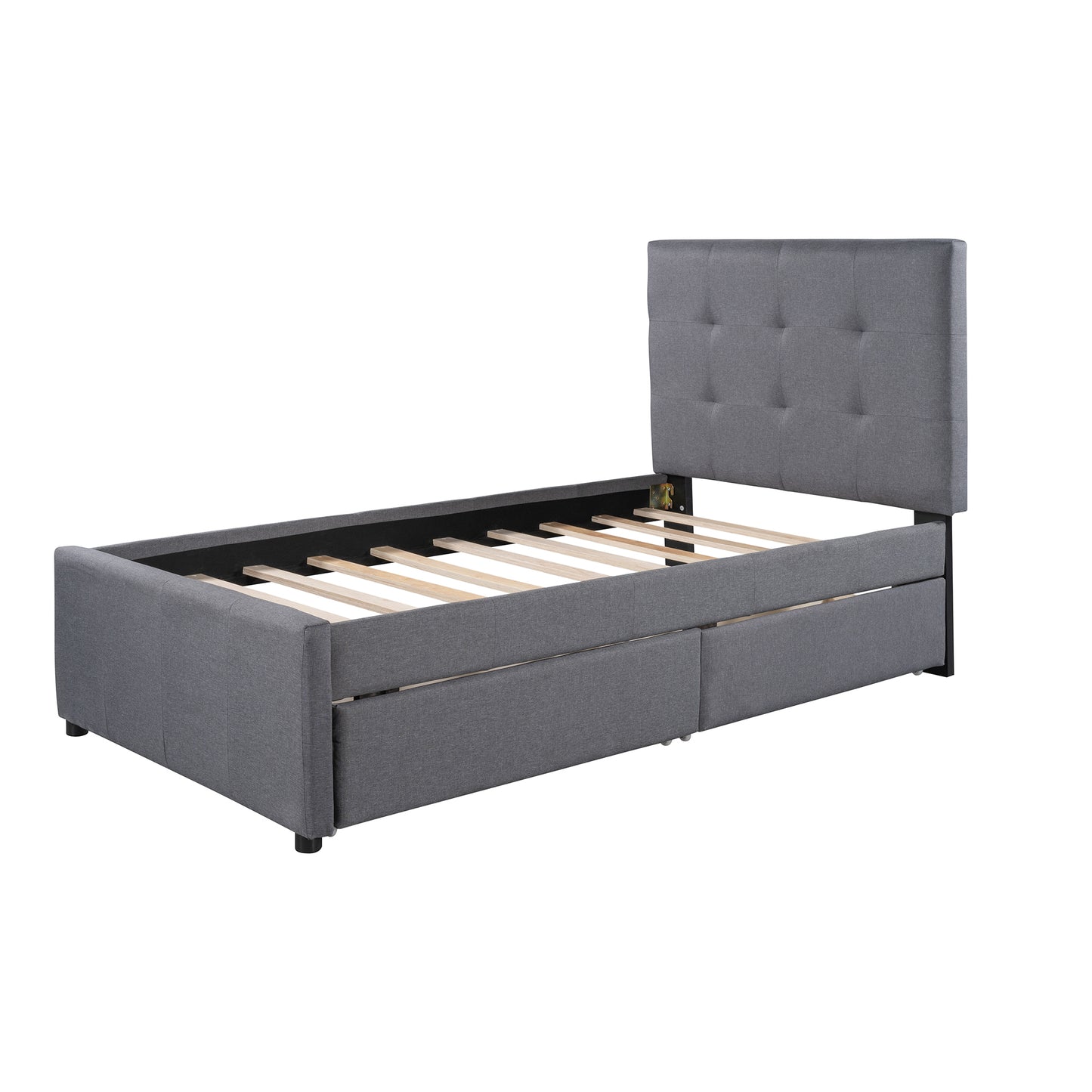 Linen Upholstered Platform Bed With Headboard and Two Drawers, Twin