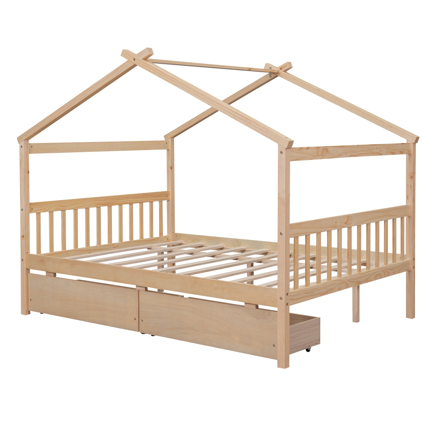 Full Size Wooden House Bed with Drawers, Natural