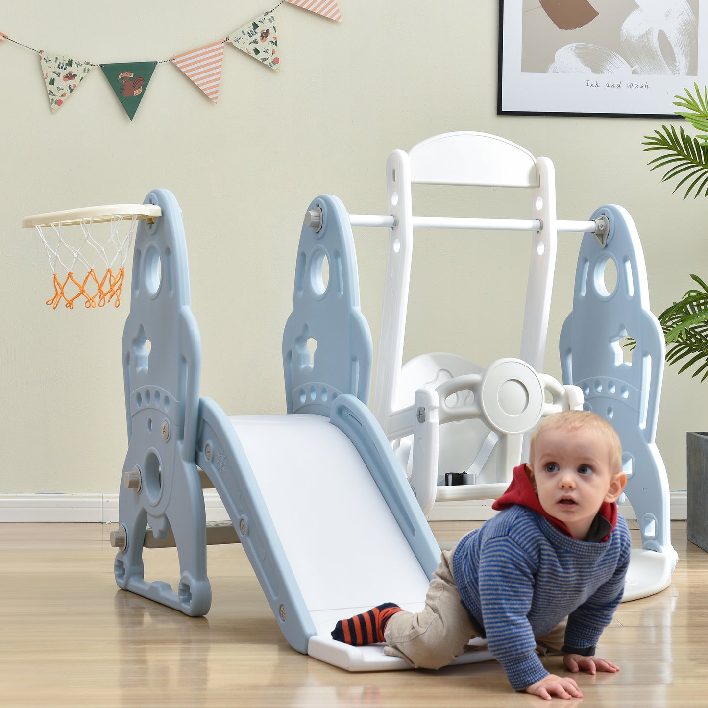 3-in-1 Toddler Slide, Swing, and Basketball Hoop Playset for Indoor & Outdoor