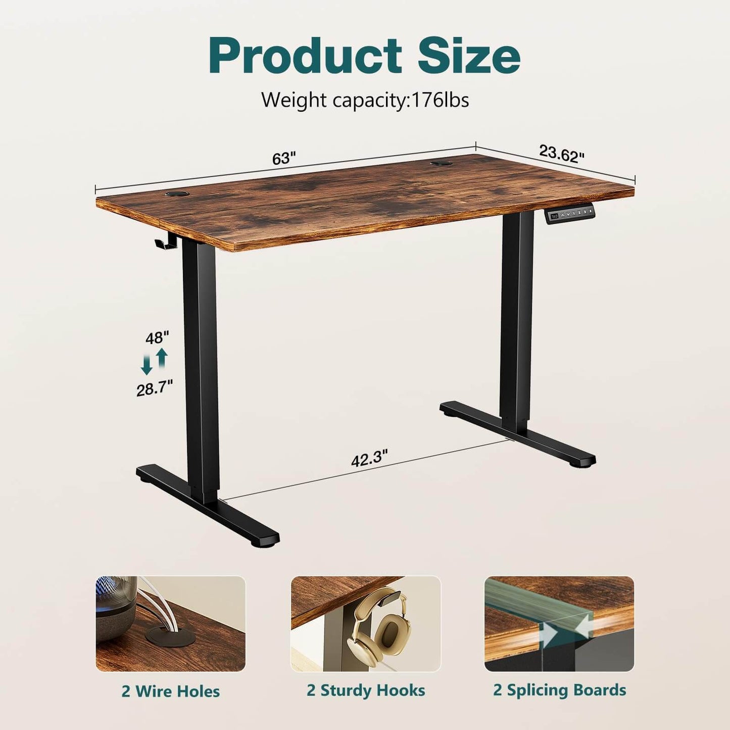 Adjustable Brown Electric Standing Desk 63'' x 24