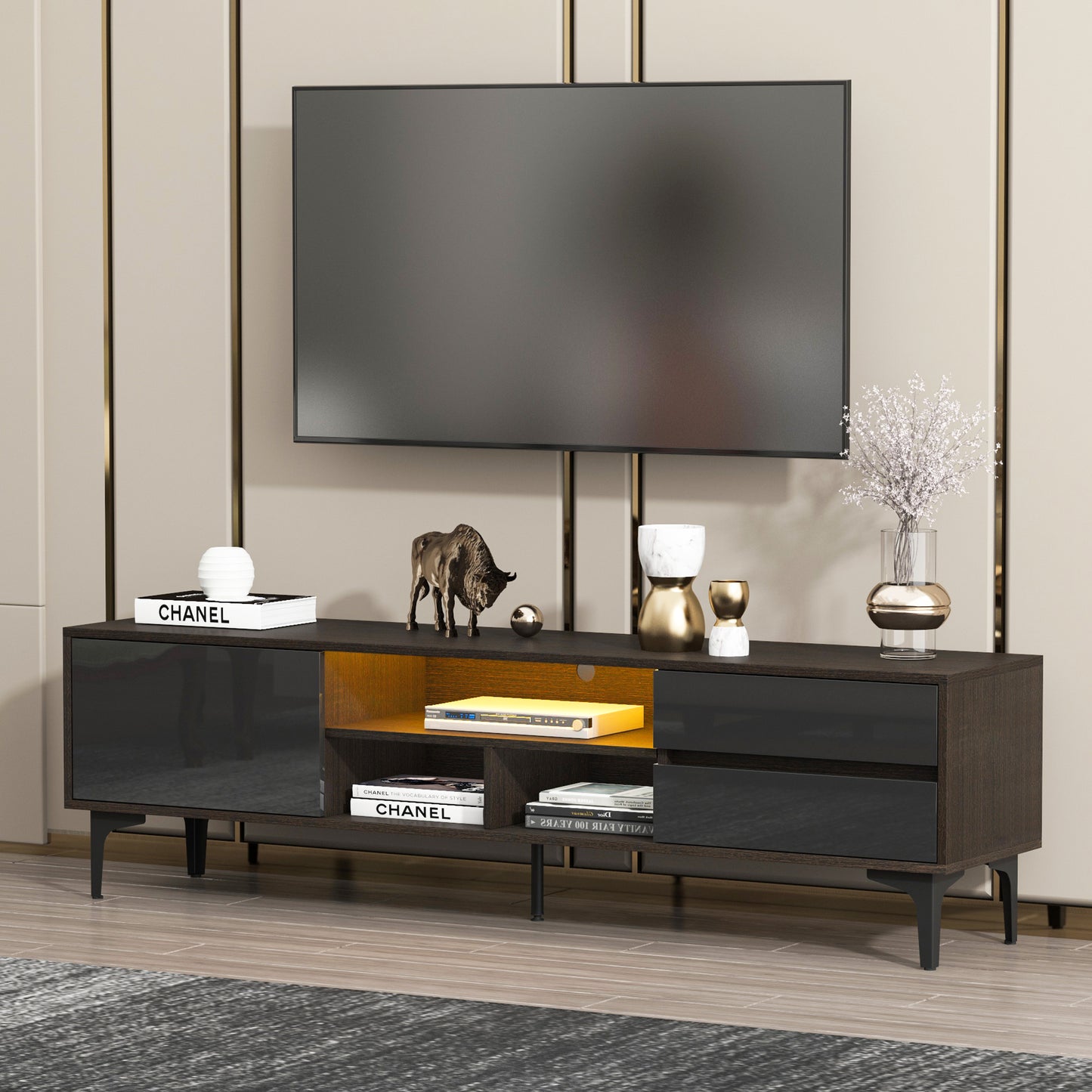 Entertainment Center TV Console with LED Lights and Drawers, Antique Brown and Black Stand