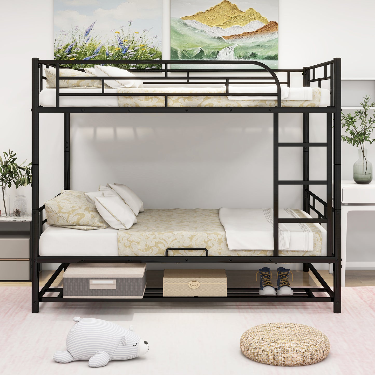 Full Metal Bunk Bed with Shelf and Guardrails for Enhanced Space-saving