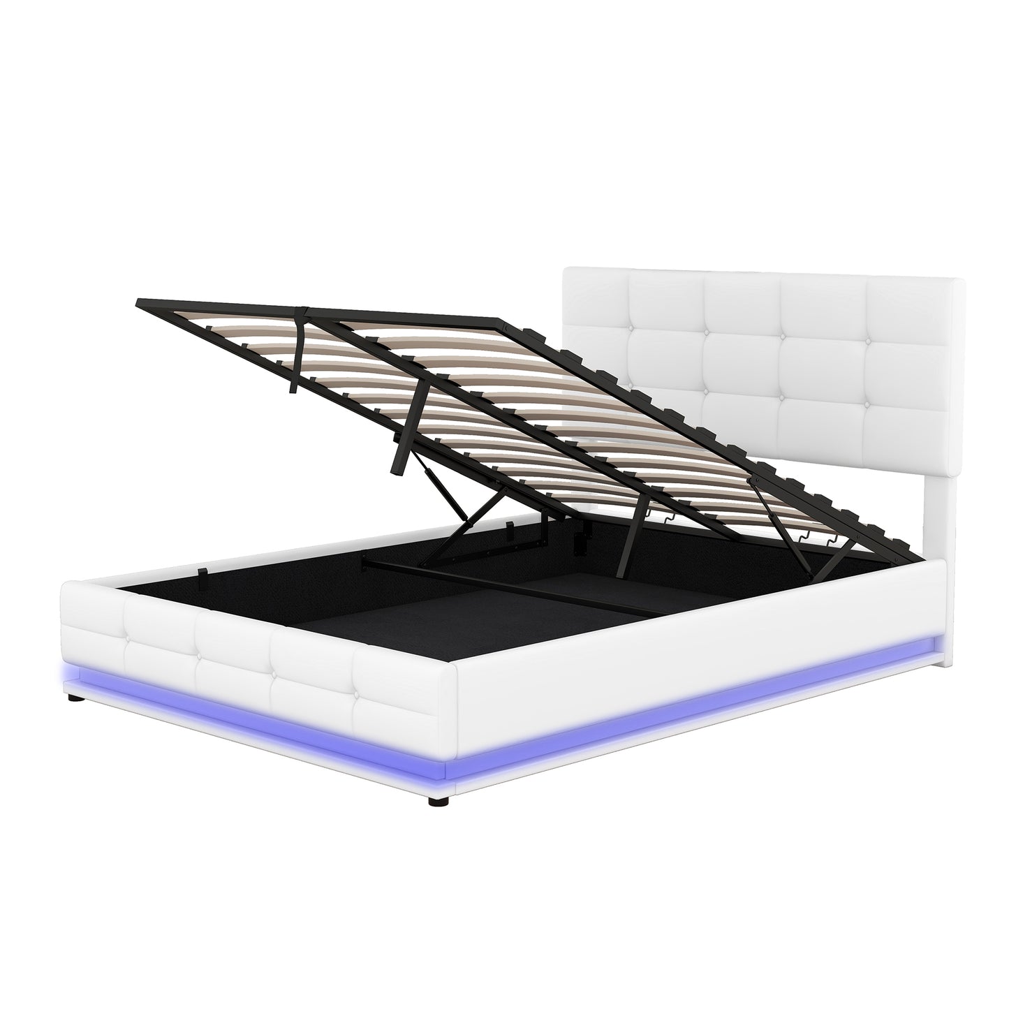 Full Size Tufted Upholstered Platform Bed with Hydraulic Storage System,PU Storage Bed with LED Lights and USB charger, White(Expected Arrival Time: 5.15,AT)