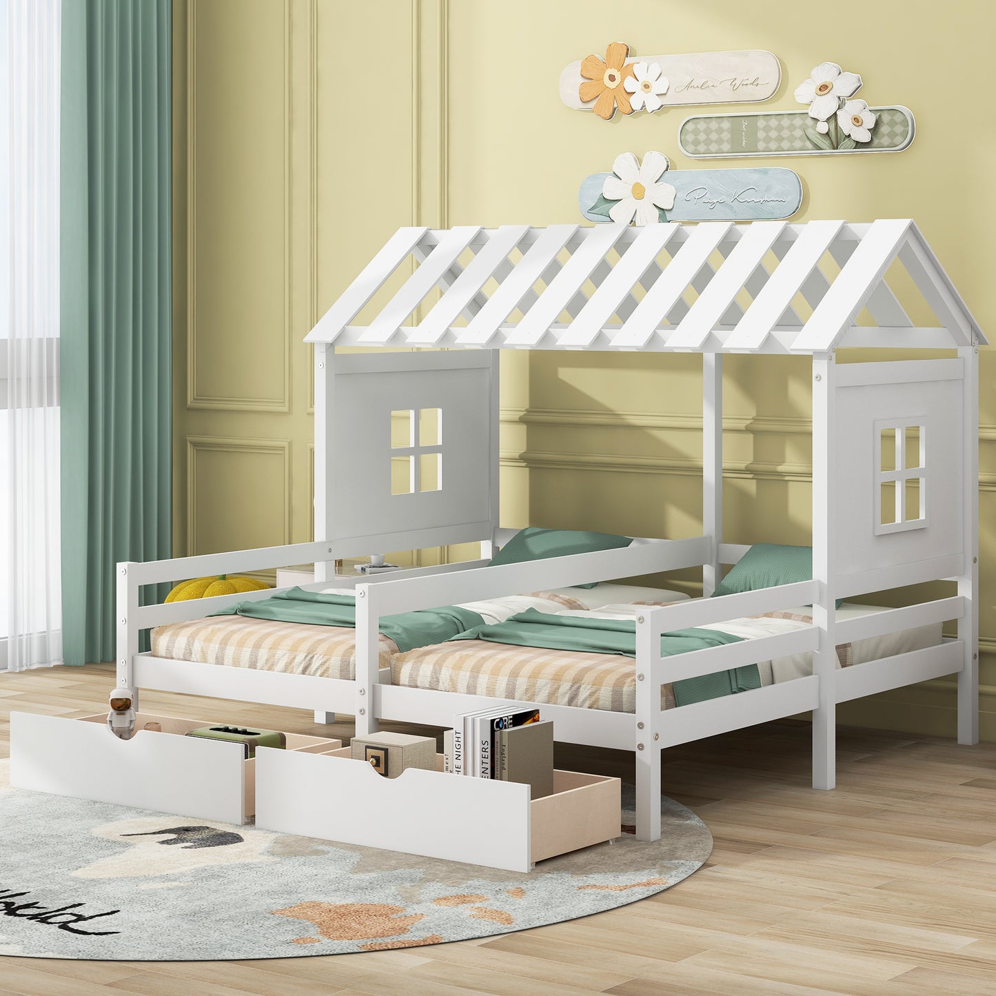 Twin Size House Platform Beds with Two Drawers for Boy and Girl Shared Beds, Combination of 2 Side by Side Twin Size Beds, White(: GX000927AAK)