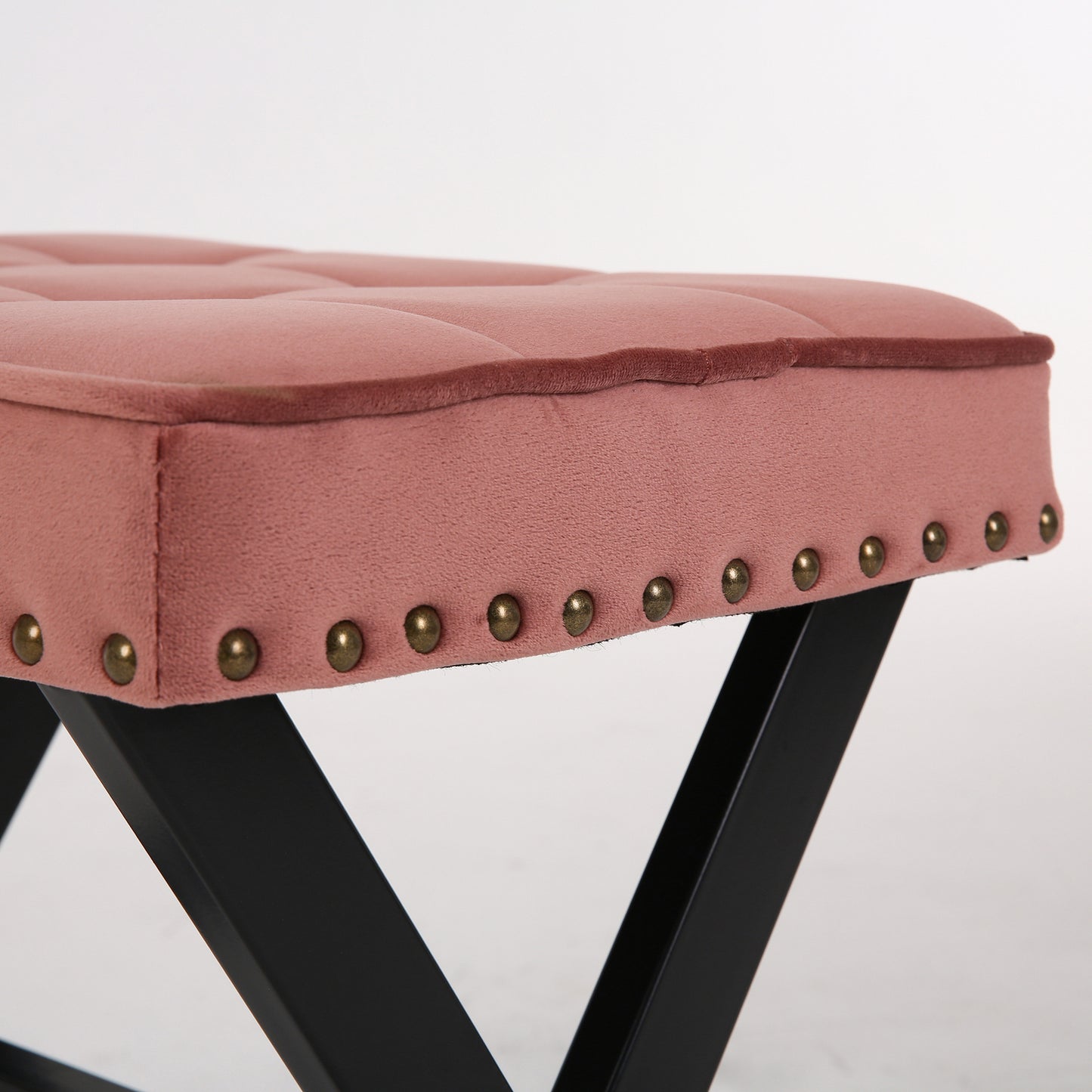 Fabric Upholstered Bench Ottoman Footstool Seat with X-Shaped Metal Legs (Pink)