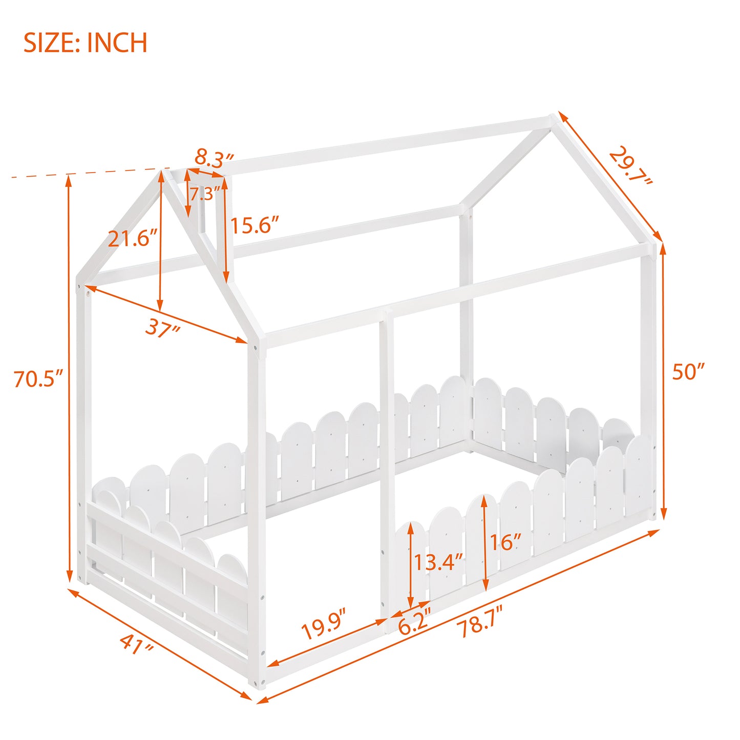 {Slats are not included}Twin Size Wood Bed House Bed Frame with Fence,for Kids,Teens, Girls,Boys {White}{OLD SKU:WF194274AAK}