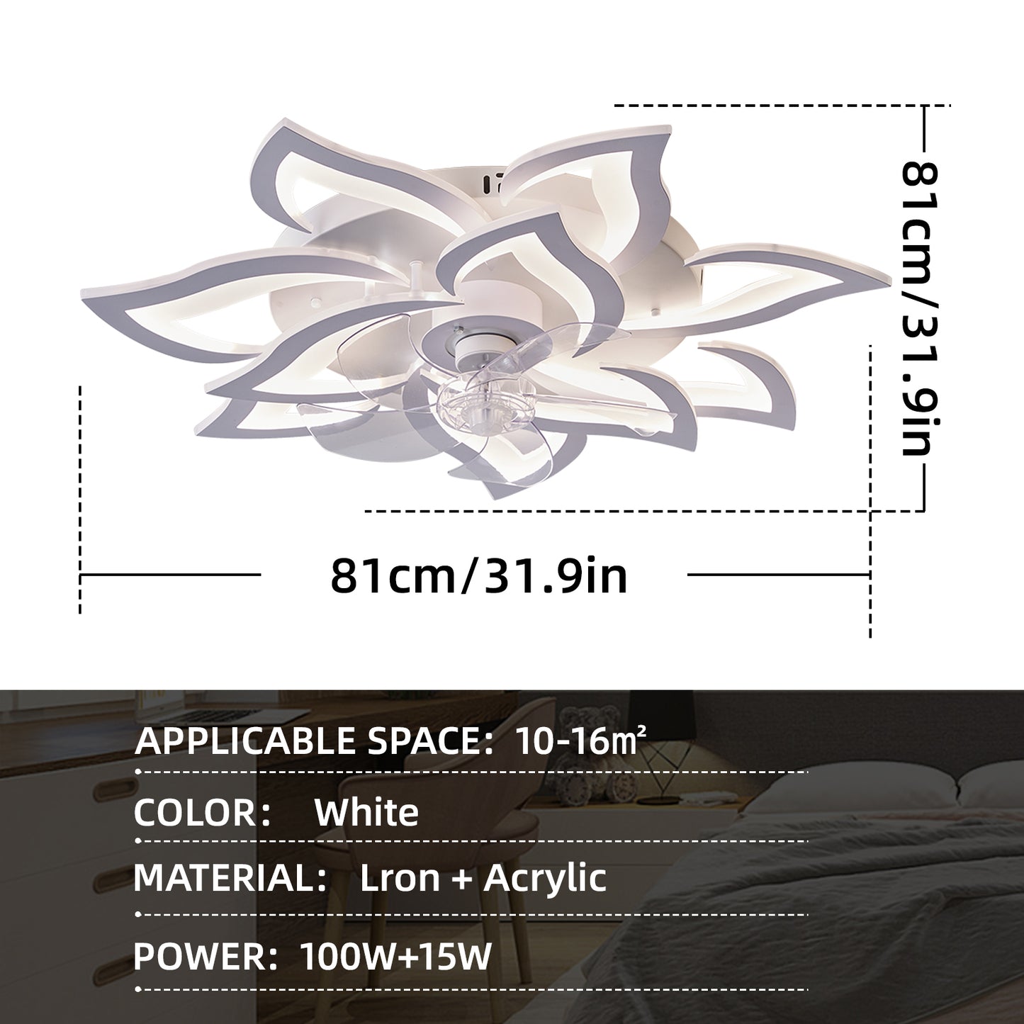 Modern 32-Inch Ceiling Fan with Dimmable LED Lights and Remote Control