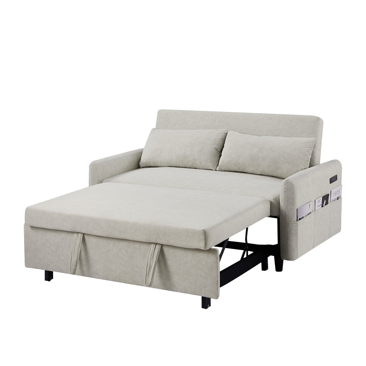 Adjustable Pull Out Sleep Sofa Bed Loveseat Couch with Storage Pockets, USB Ports, Beige