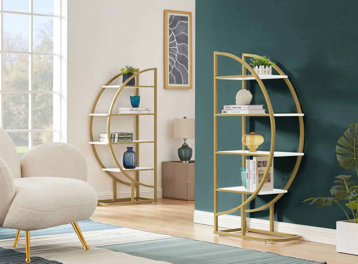 4 Tiers Home Office Open Bookshelf, Round Shape, Different Placement Ways, MDF Board, Gold Metal Frame, White