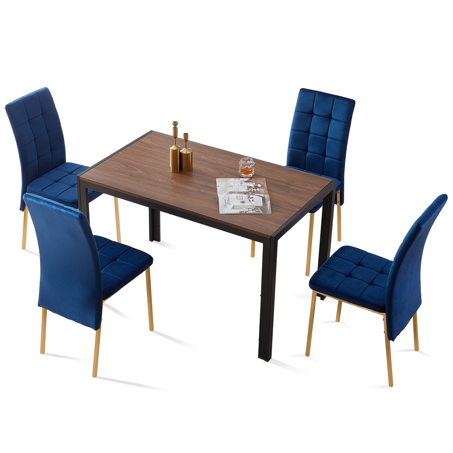 5-Piece Dining Set Including Blue Velvet High Back Golden Color Legs Nordic Dining Chair & Creative Design MDF Dining Table