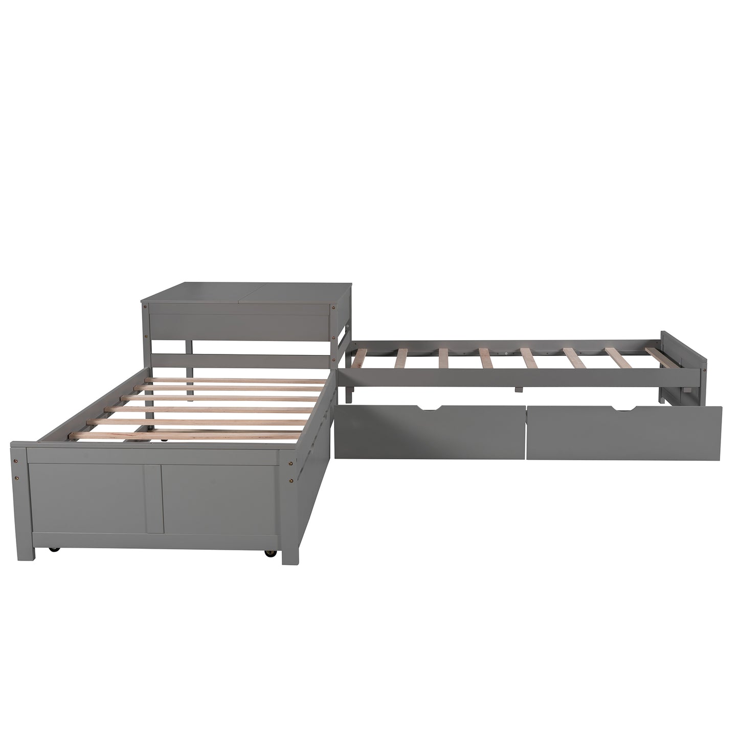 L-shaped Platform Bed with Trundle and Drawers Linked with built-in Desk,Twin,Gray