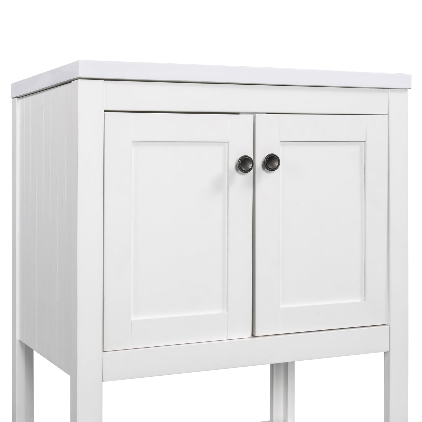 24" White Modern Sleek Bathroom Vanity Elegant Ceramic Sink with Solid Wood Frame Open Style Shelf