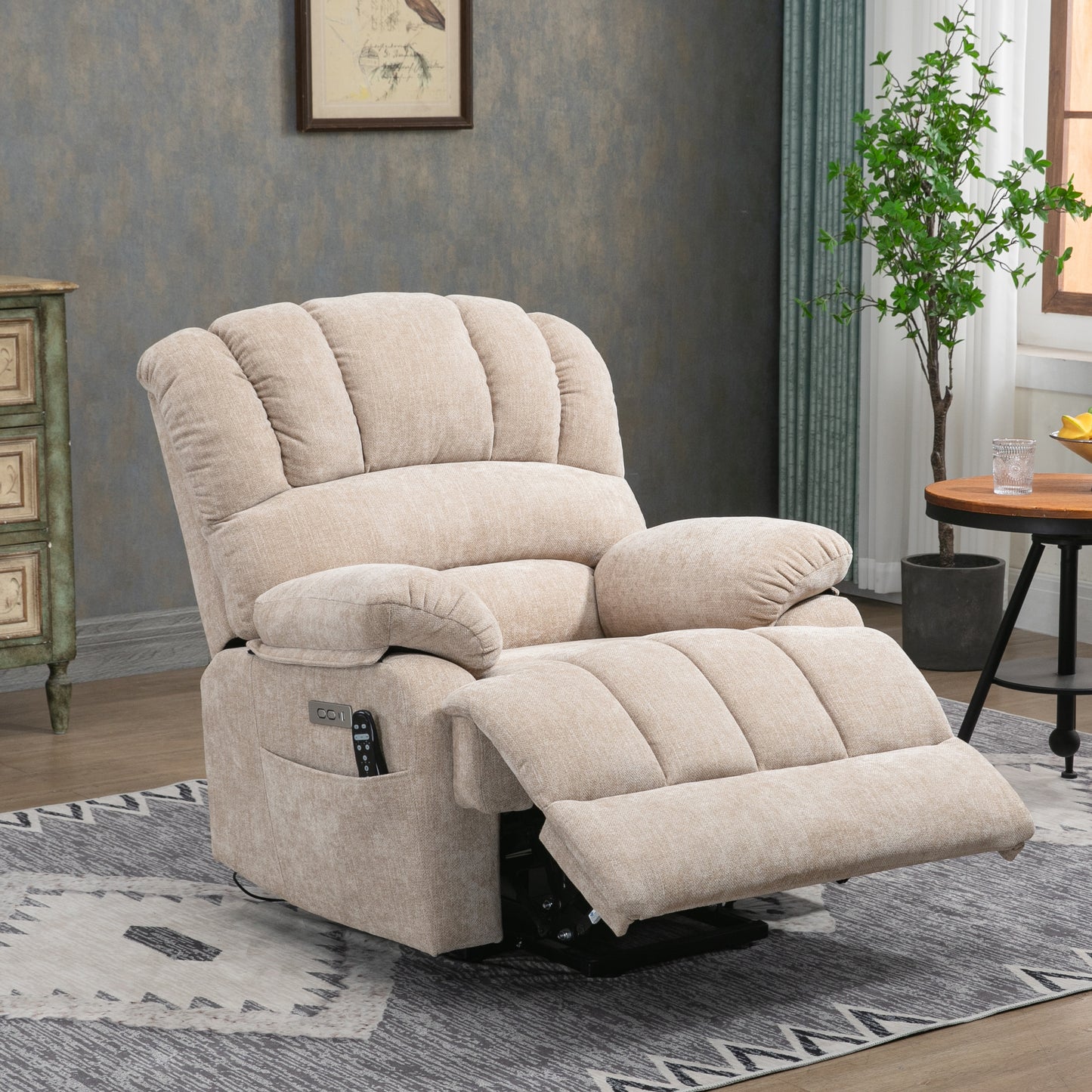 Beige Chenille Power Lift Recliner Chair with Massage, Heat, and USB Port for Extra Large Size