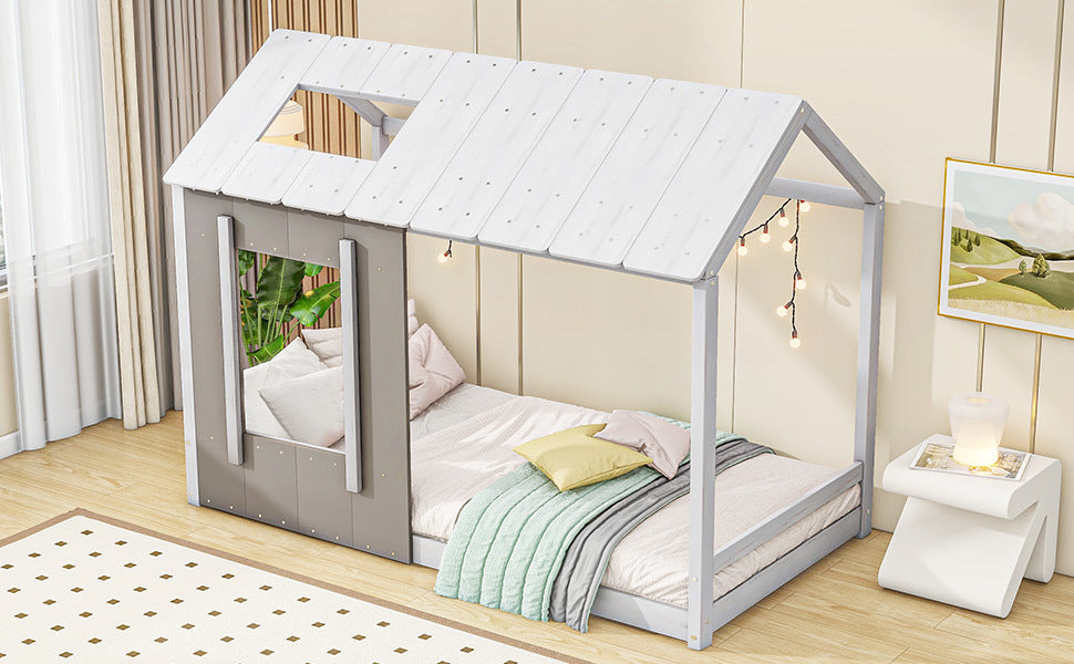 Twin Size House Platform with Roof and Window, White+Antique Grey(: WF294130AAE)