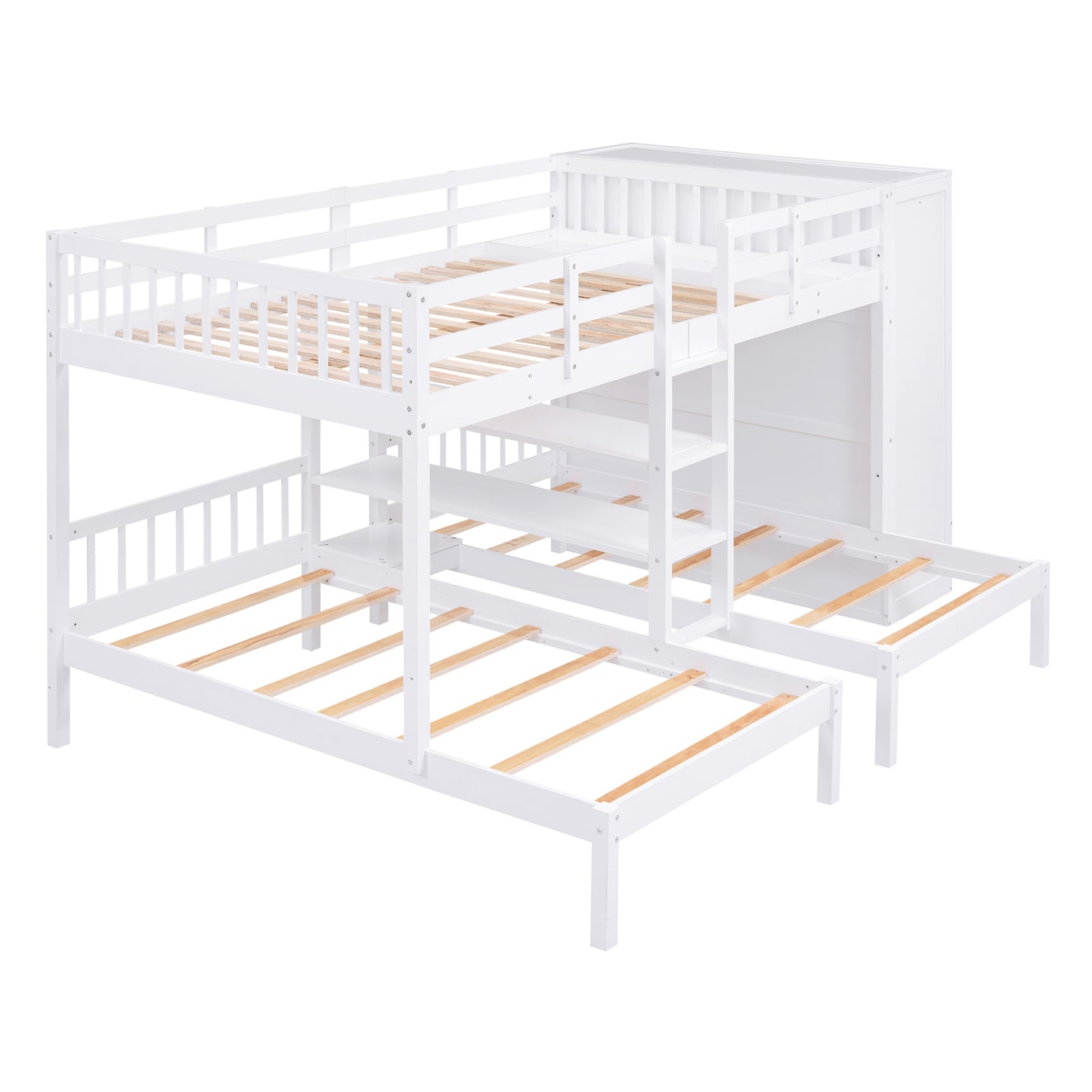 Triple Bunk Bed with Shelves, Wardrobe, and Mirror in White - Space-Saving Family Bunk Bed