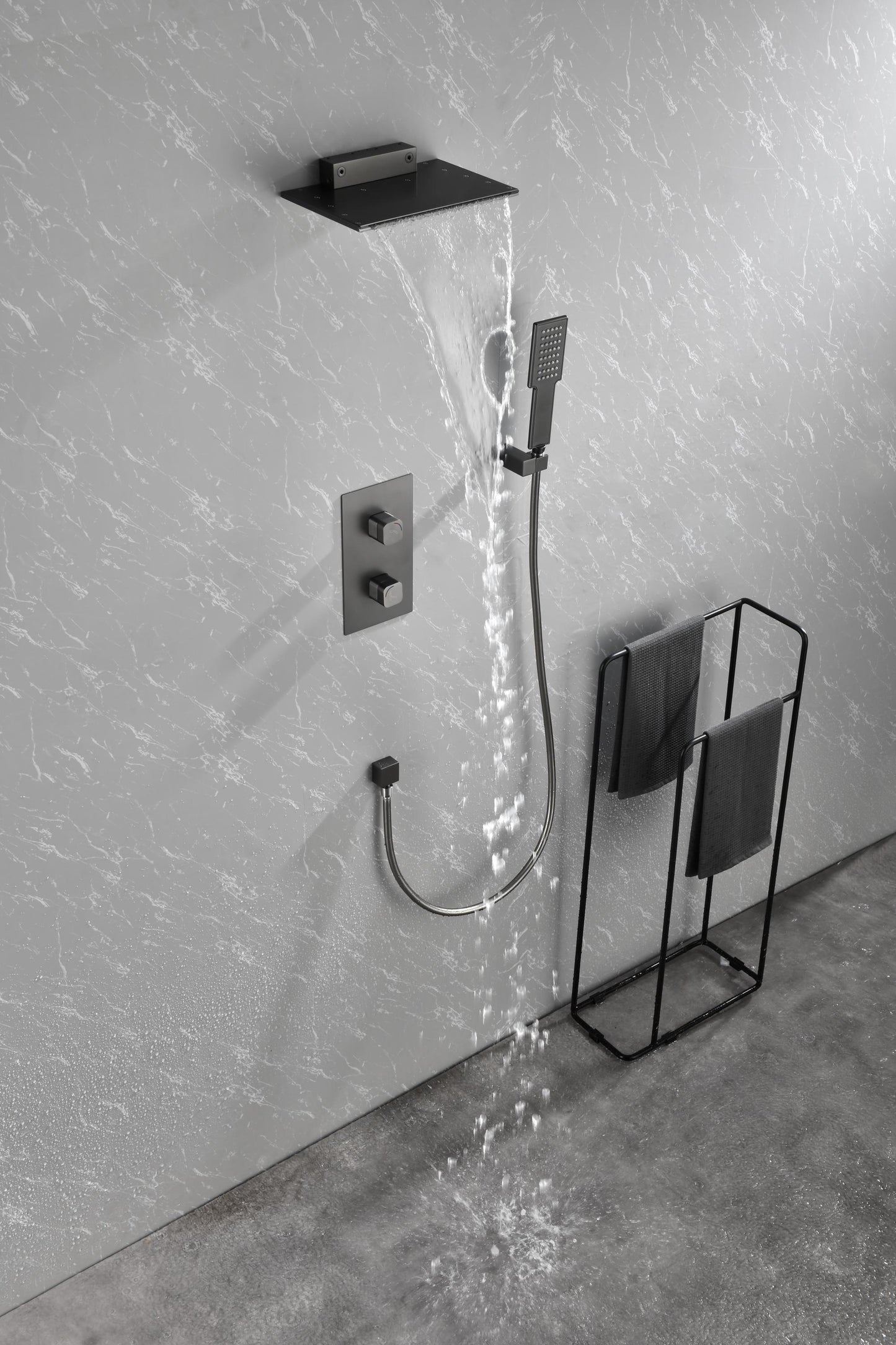 Gunmetal Waterfall Spout Wall Mounted Shower with Handheld Shower Systems