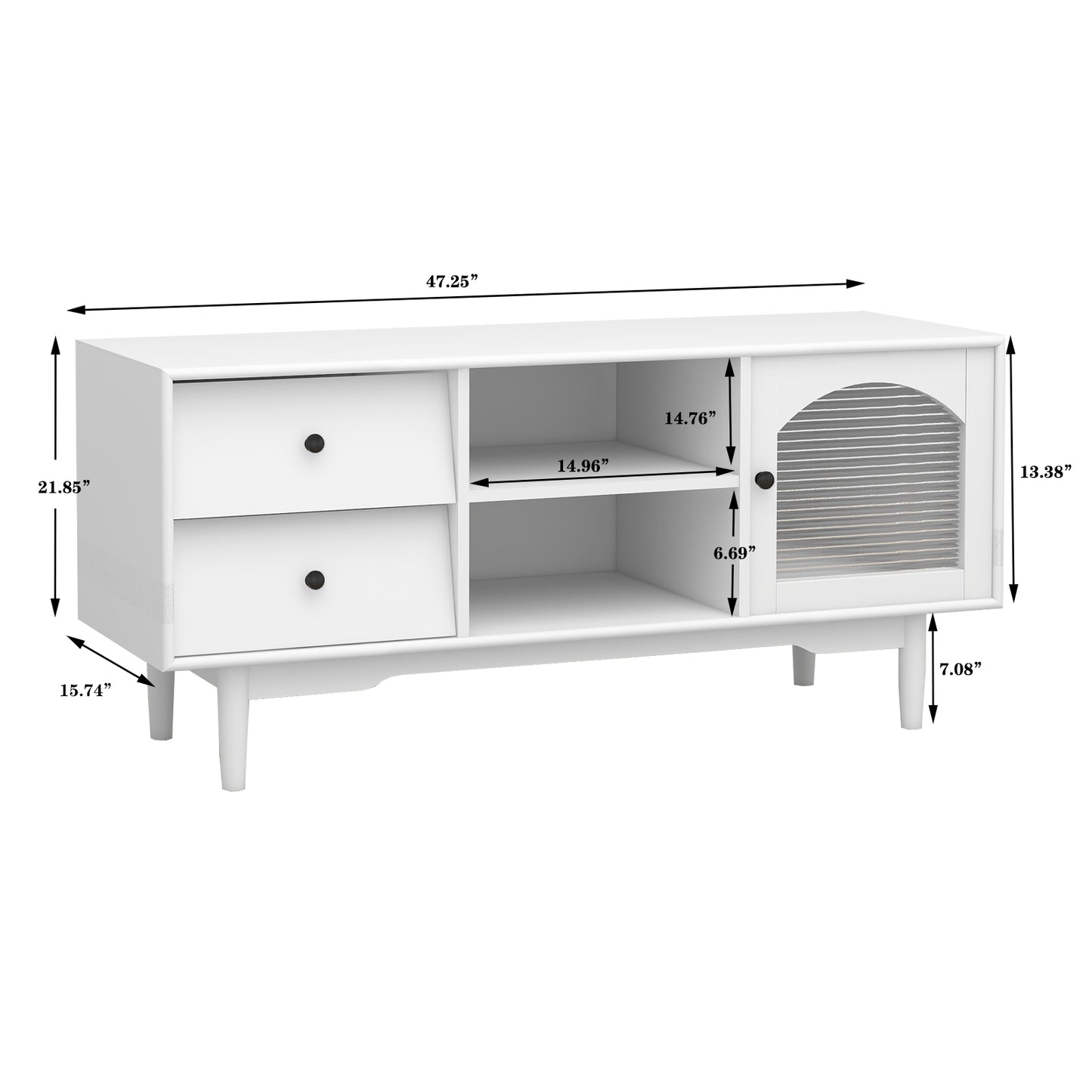 White TV Stand with Drawers, Shelves, and Glass Cabinet for Living Room Storage