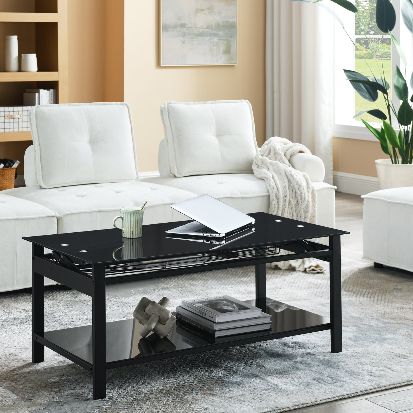 Black Lift Coffee Table with Hidden Storage Shelves and Tempered Glass Top Dining Table