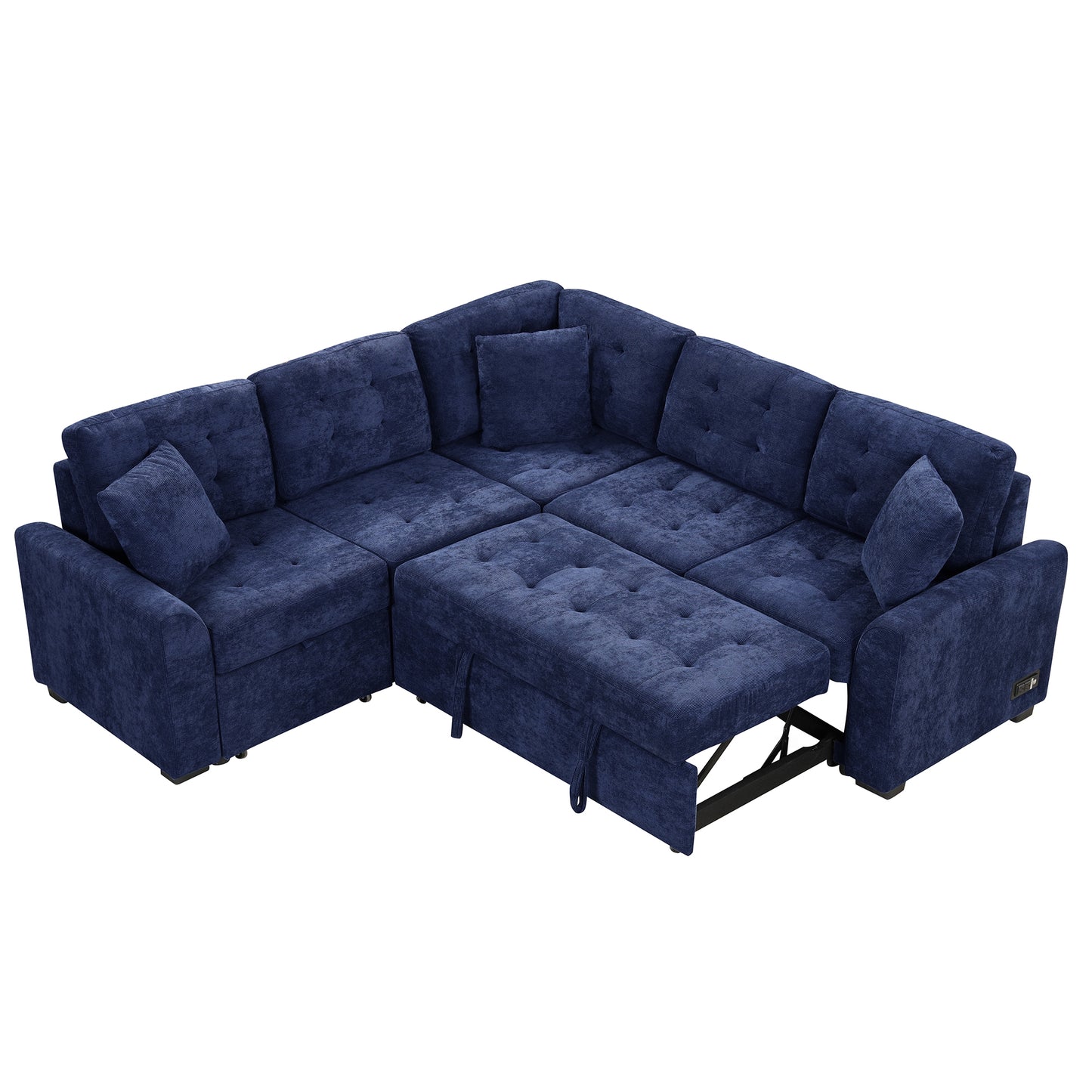 Convertible Navy Blue L-Shape Sleeper Sofa with USB Ports and Power Sockets