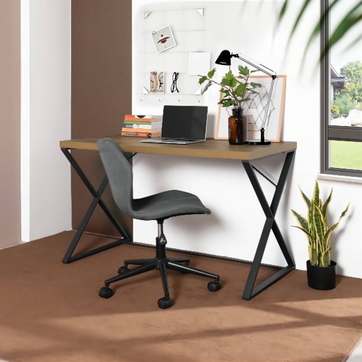 47.2 L Oak and Black X-Leg Home Office Computer Desk - Strong and Versatile Workstation