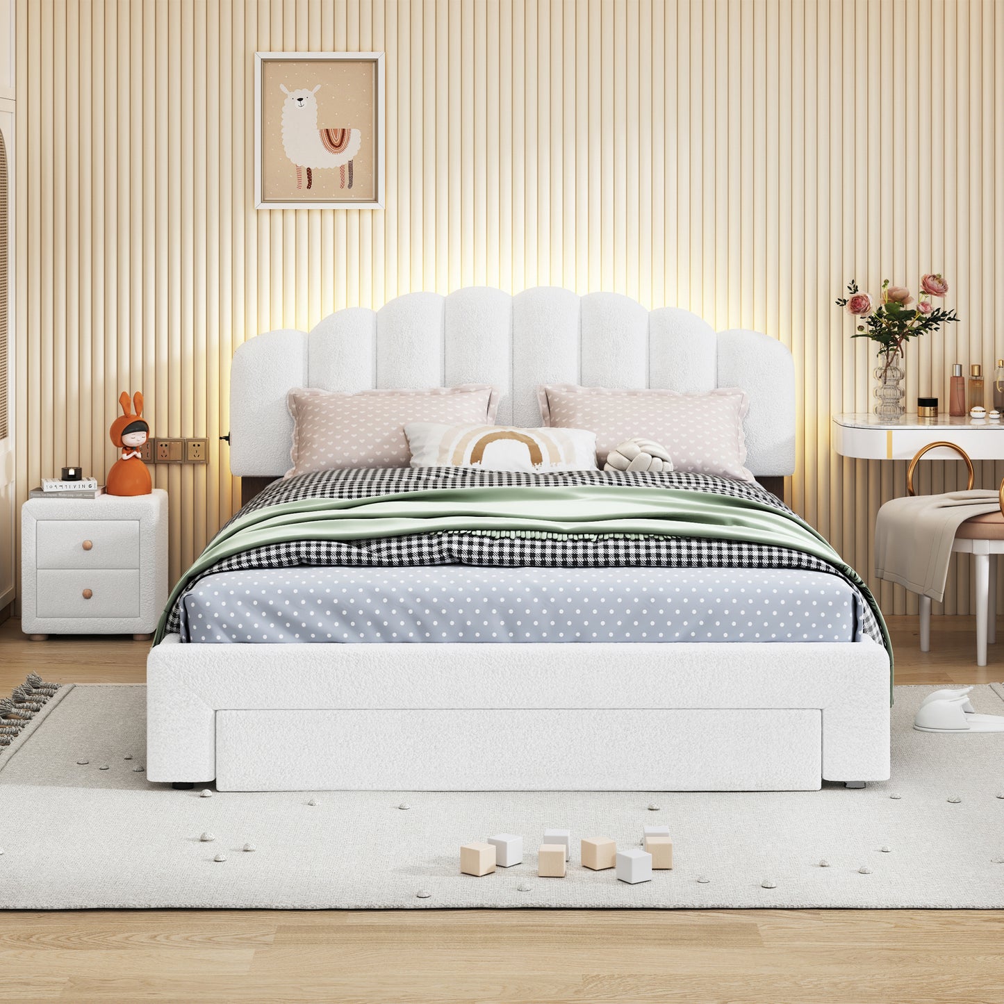 Teddy Fleece Queen Size Upholstered Platform Bed with Nightstand, White