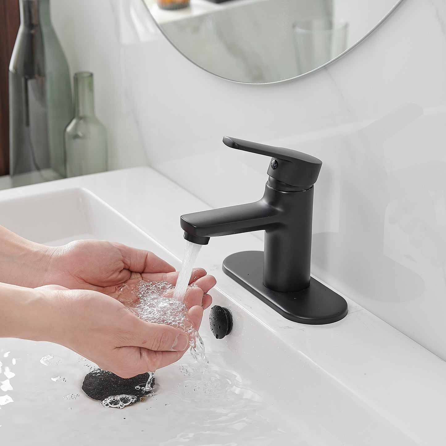 Modern Matte Black Single Handle Single Hole Low-Arc Bathroom Faucet with Supply Line