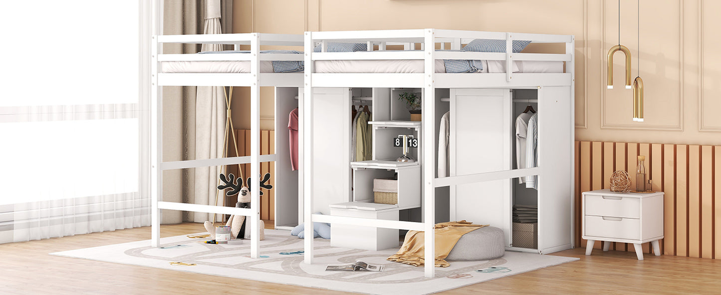 Double Twin Loft Beds with Wardrobes and Staircase, White