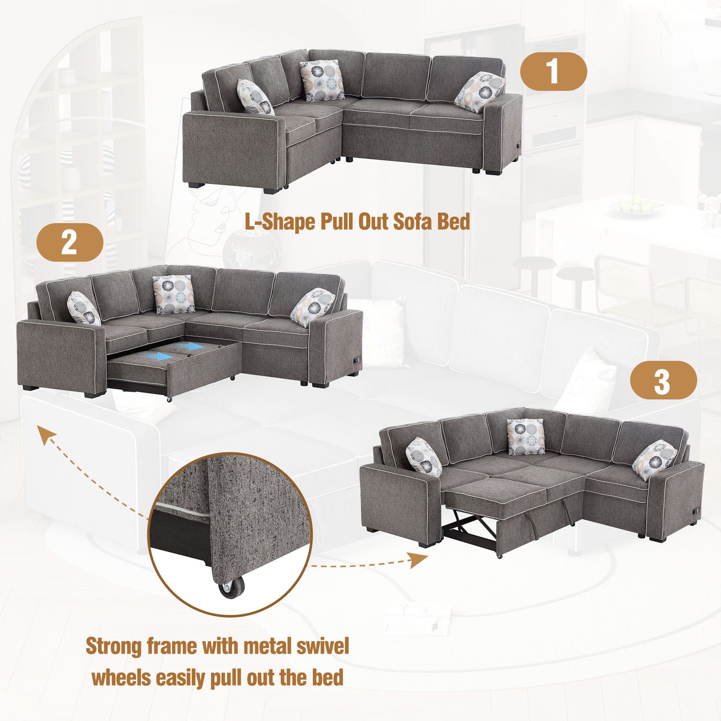 Modern L-Shaped Sleeper Sofa Bed with USB Ports and Pillows