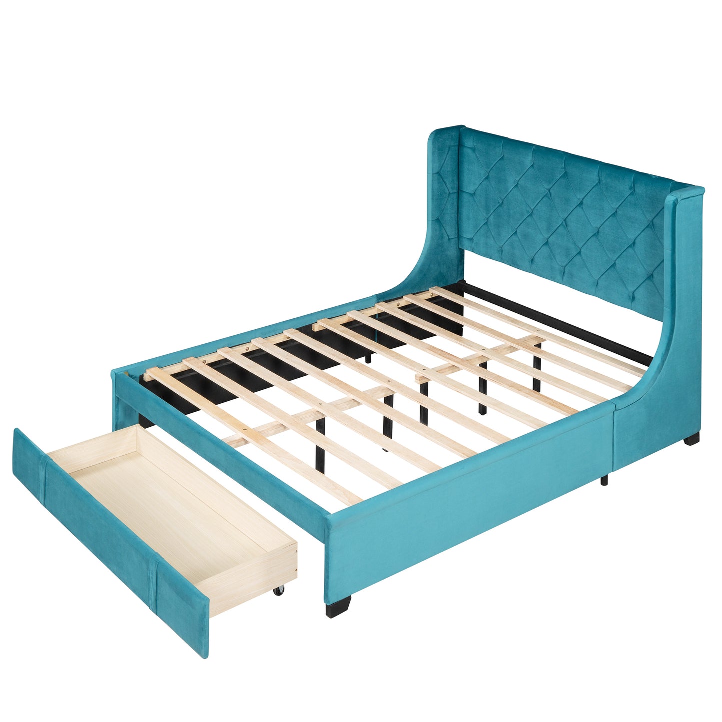 Queen Size Storage Bed Velvet Upholstered Platform Bed with Wingback Headboard and a Big Drawer (Blue)