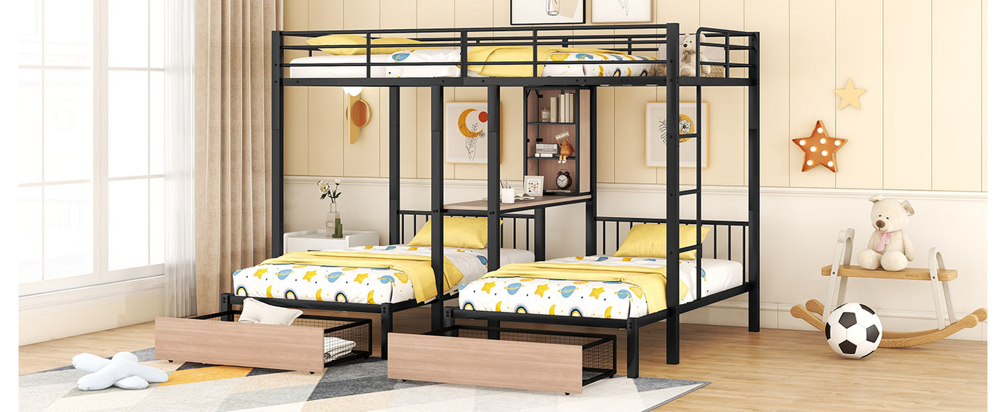 Full Over Twin & Twin Bunk Bed with Desks, Shelves, and Drawers in Black Metal Frame