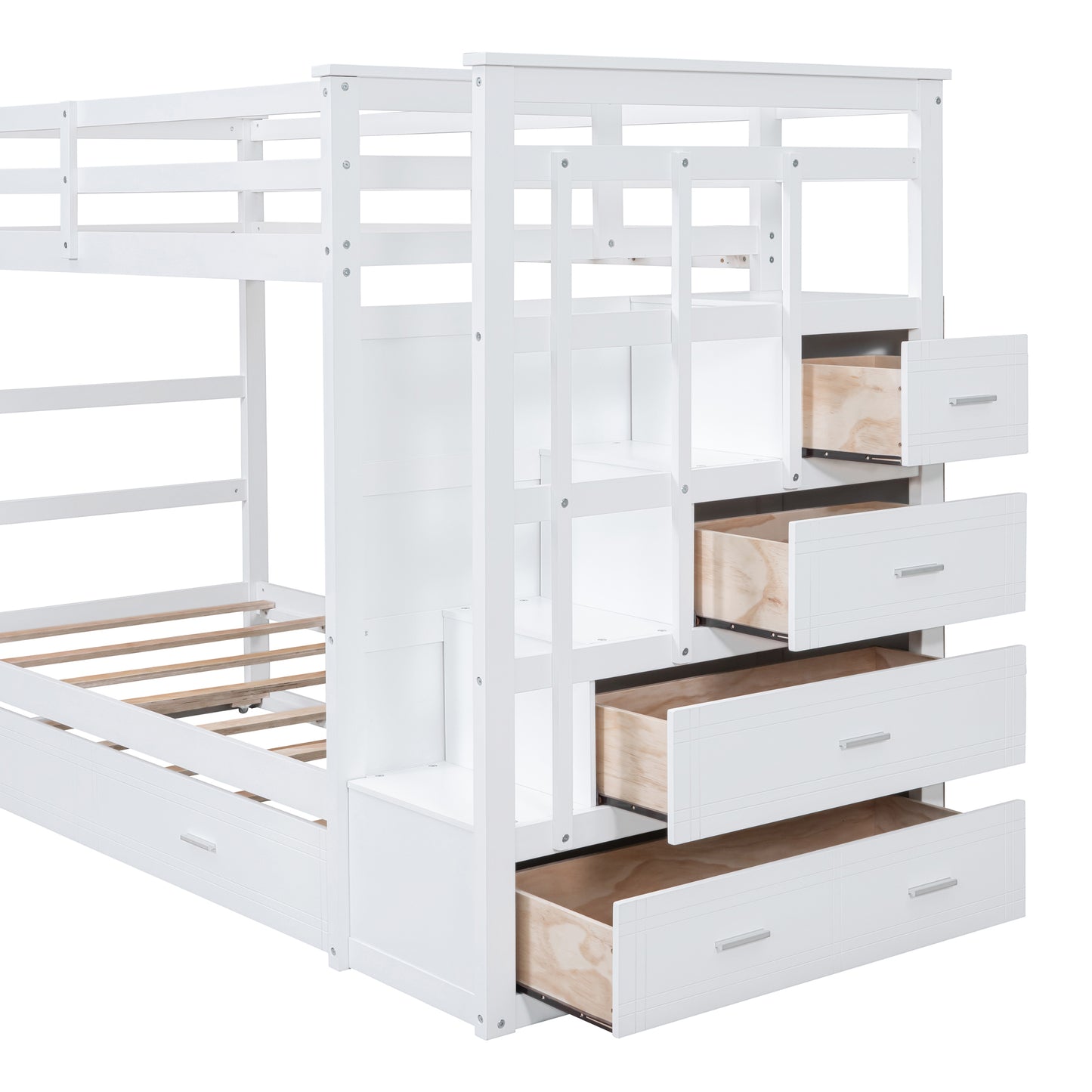 White Twin Over Twin Bunk Bed with Trundle, Staircase, and Storage Drawers