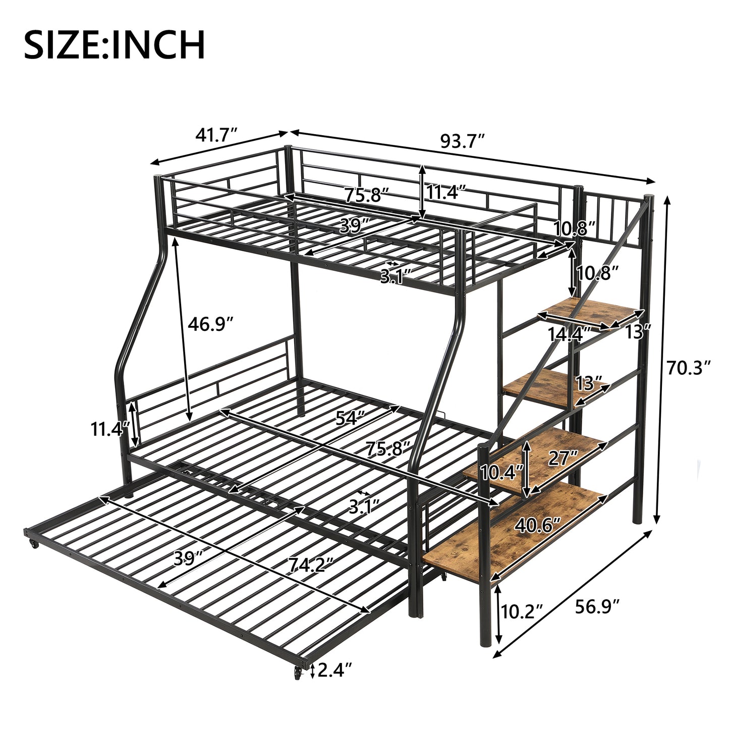 Black Metal Bunk Bed with Storage Staircase and Trundle - Twin over Full Size