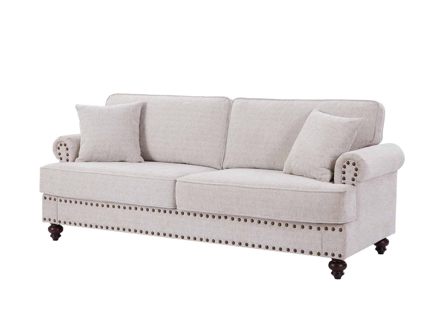 82 White Chenille Upholstered 2 Seater Sofa with Nails and Armrests