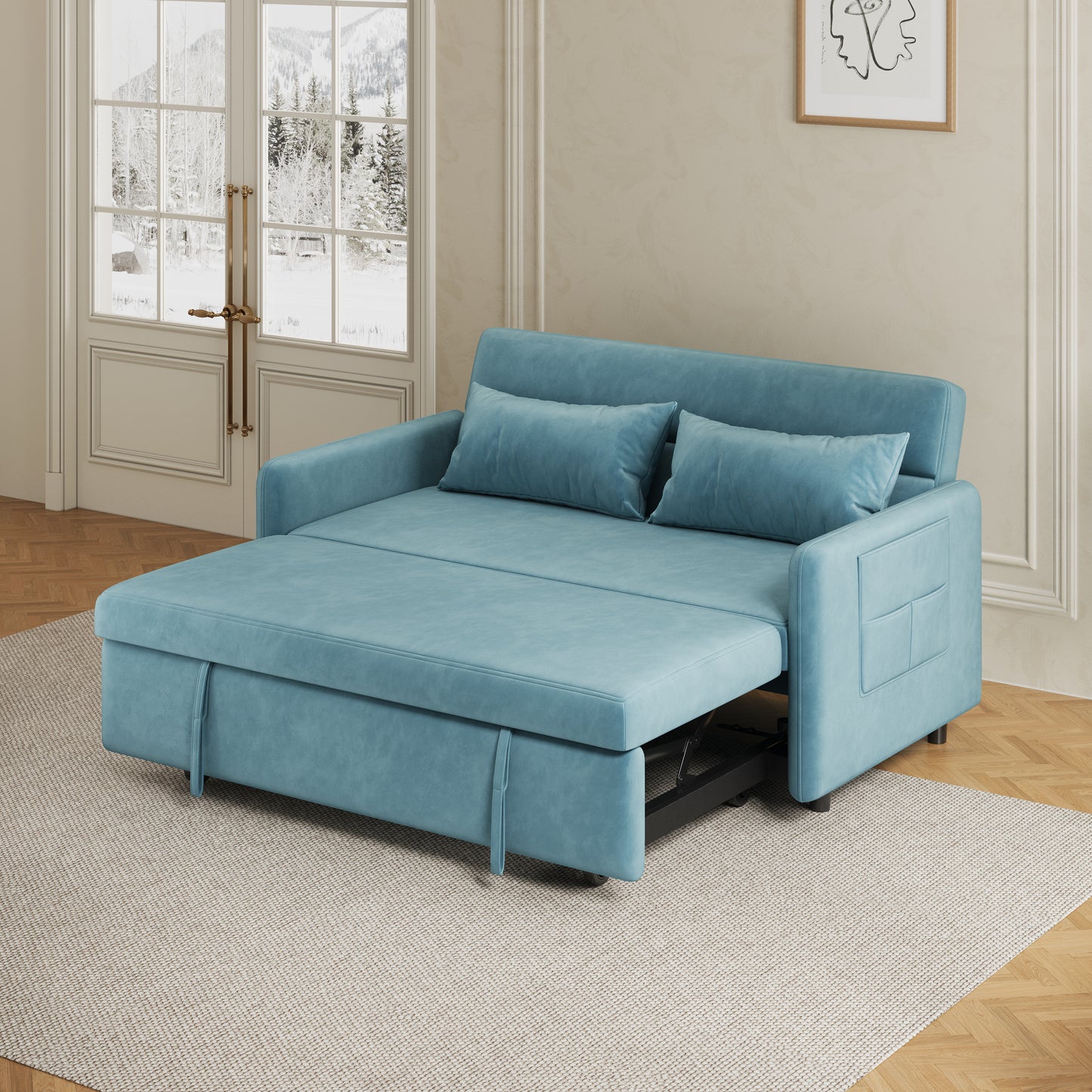 Sofa Pull Out Bed Included Two Pillows 54" Velvet Sofa for Small Spaces Teal