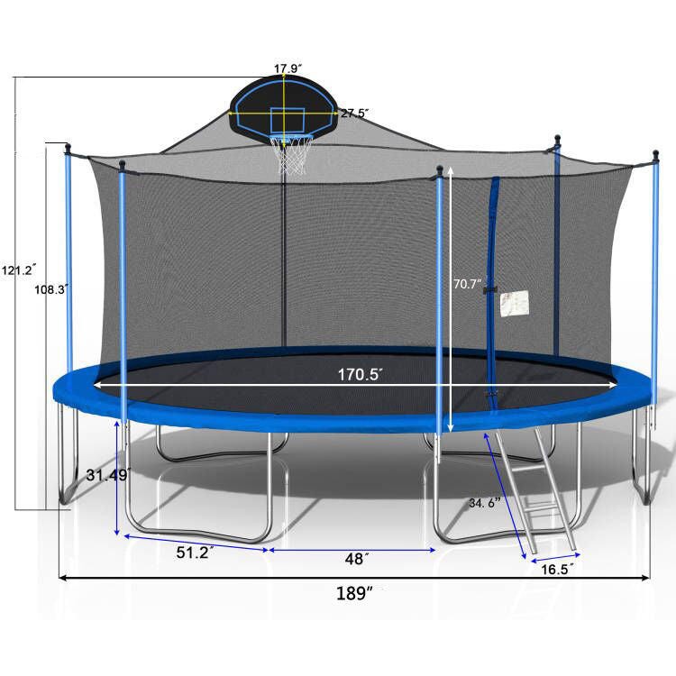 16FT Trampoline for Adults & Kids with Basketball Hoop, Double-sided cover,Outdoor Trampolines w/Ladder and Safety Enclosure Net for Kids and Adults