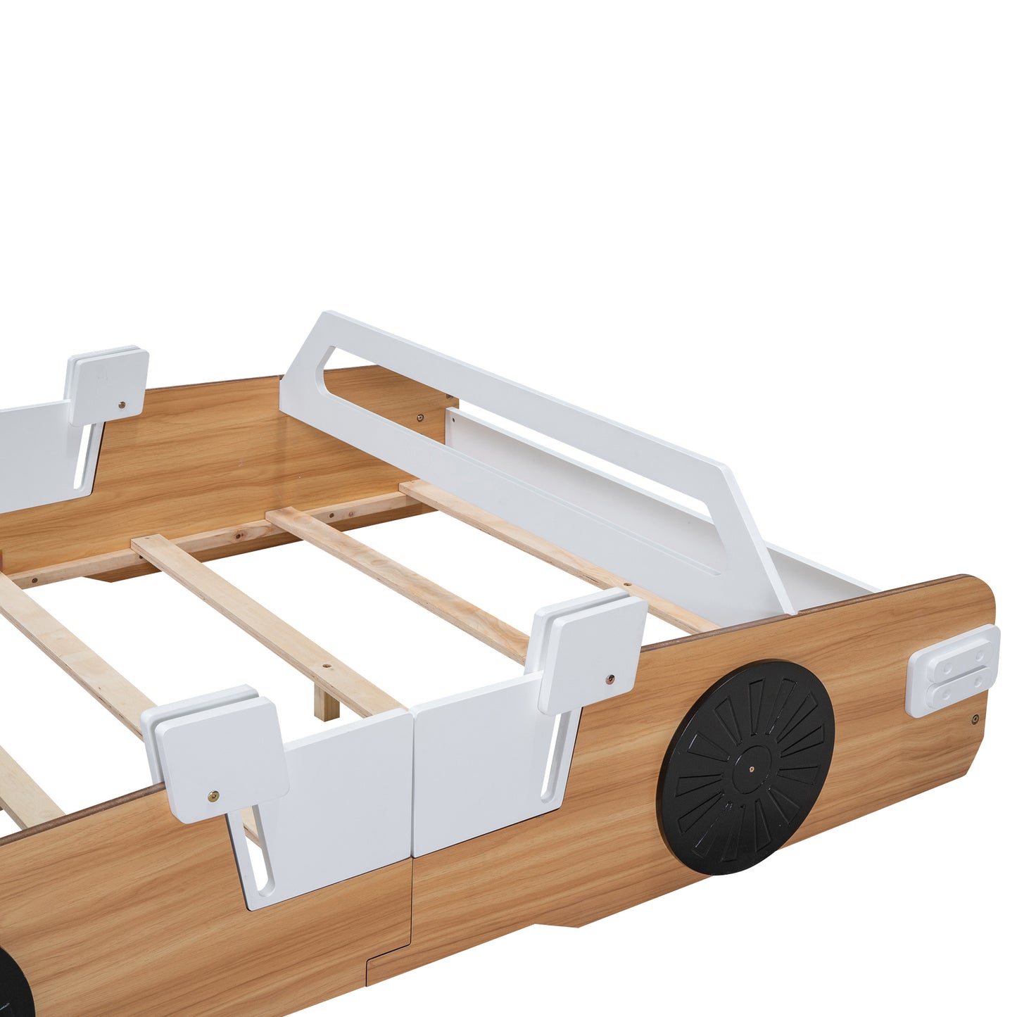 Wood Full Size Racing Car Bed with Door Design and Storage, Natural+White+Black