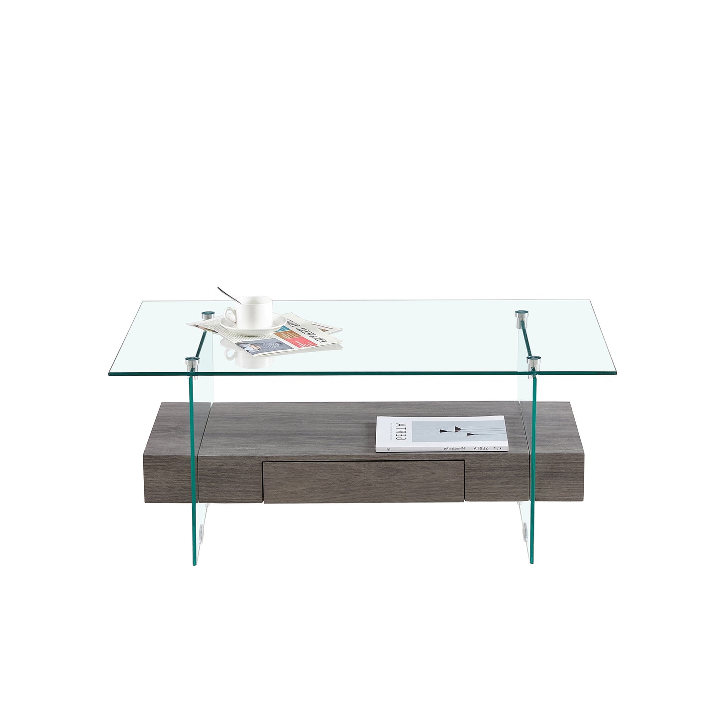 Modern Gray and Transparent Tempered Glass Coffee Table with Storage功能 and Non-Slip Legs