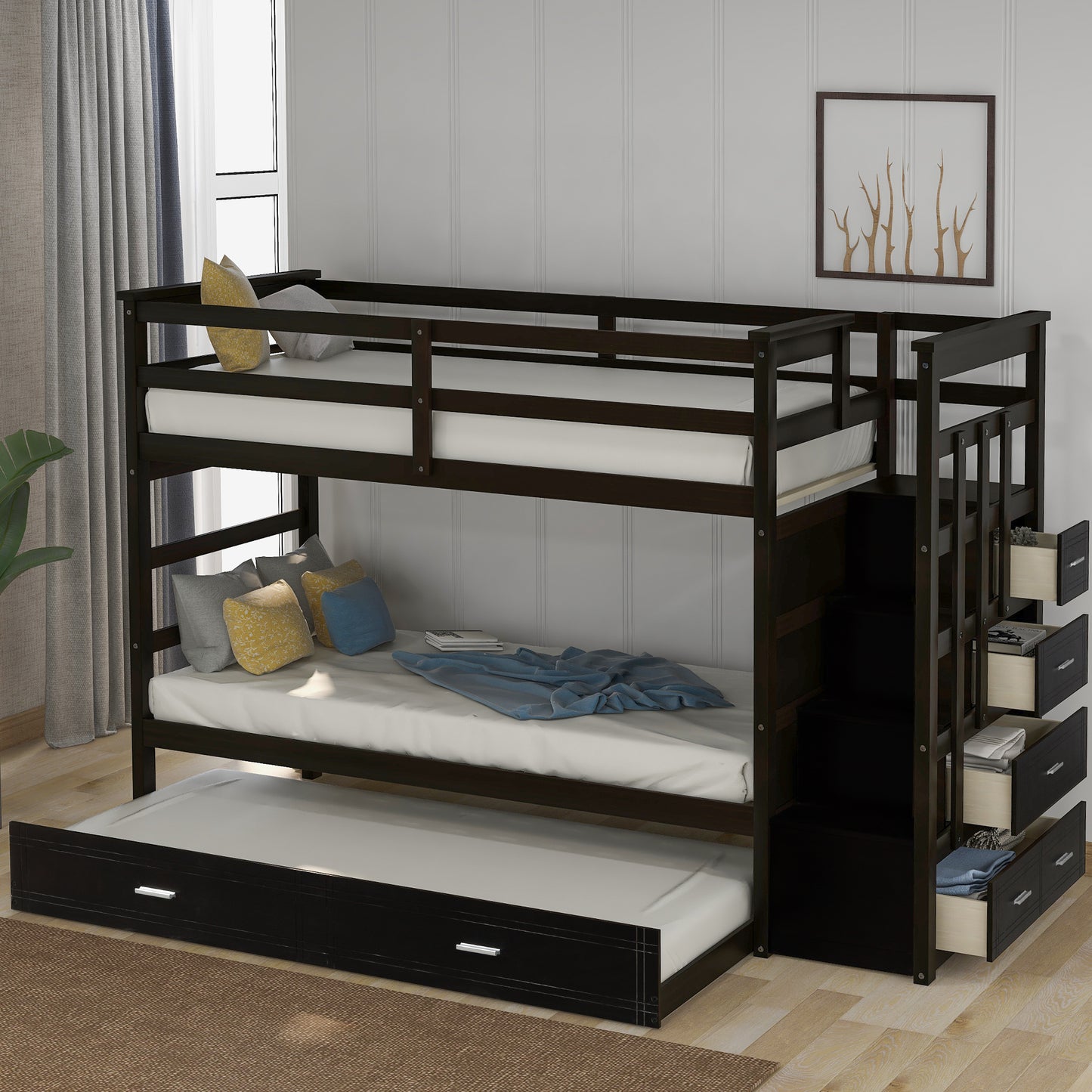 Stylish Espresso Wooden Twin Bunk Bed with Trundle and Staircase