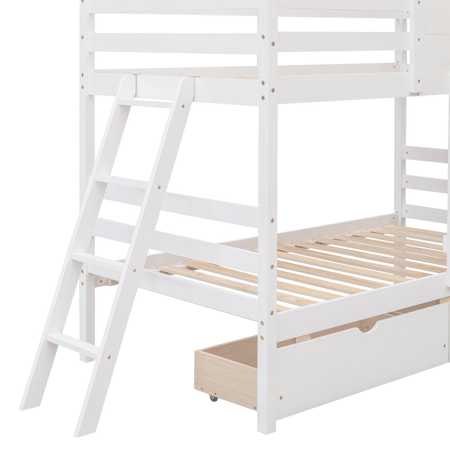 White Playhouse-Inspired Twin Bunk Bed with Storage and Roof