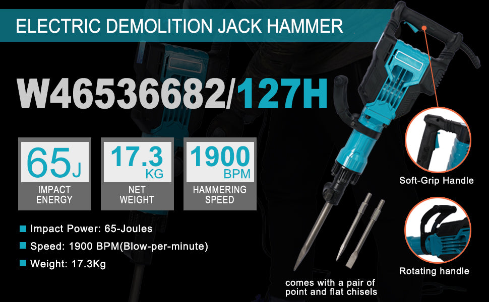 1900 BPM Electric Demolition Jack Hammer 1-1/8 Inch SDS-Hex Heavy Duty Concrete Pavement Breaker Drills Kit