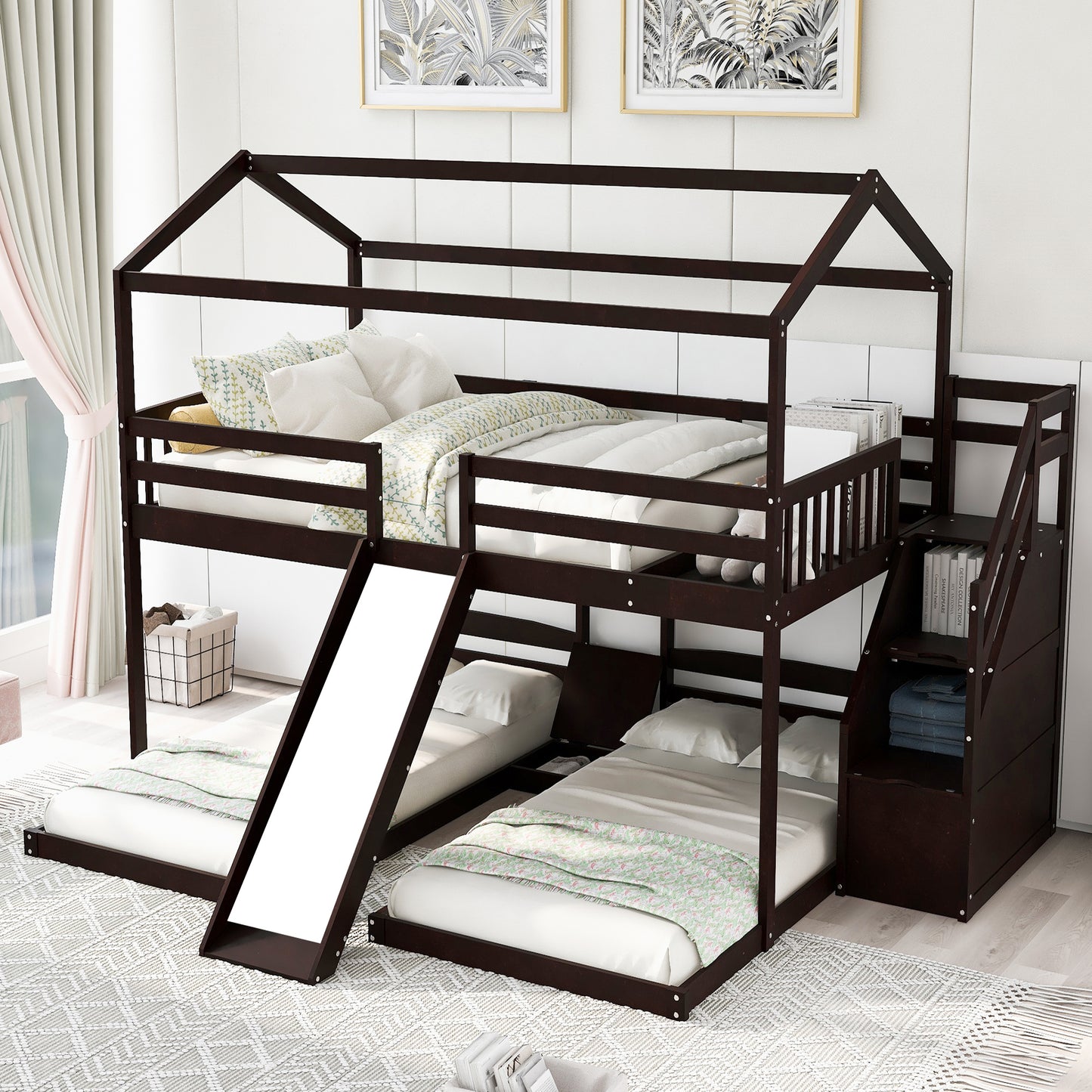 Versatile Full over Twin & Twin Bunk Bed in Espresso with Slide and Storage Staircase