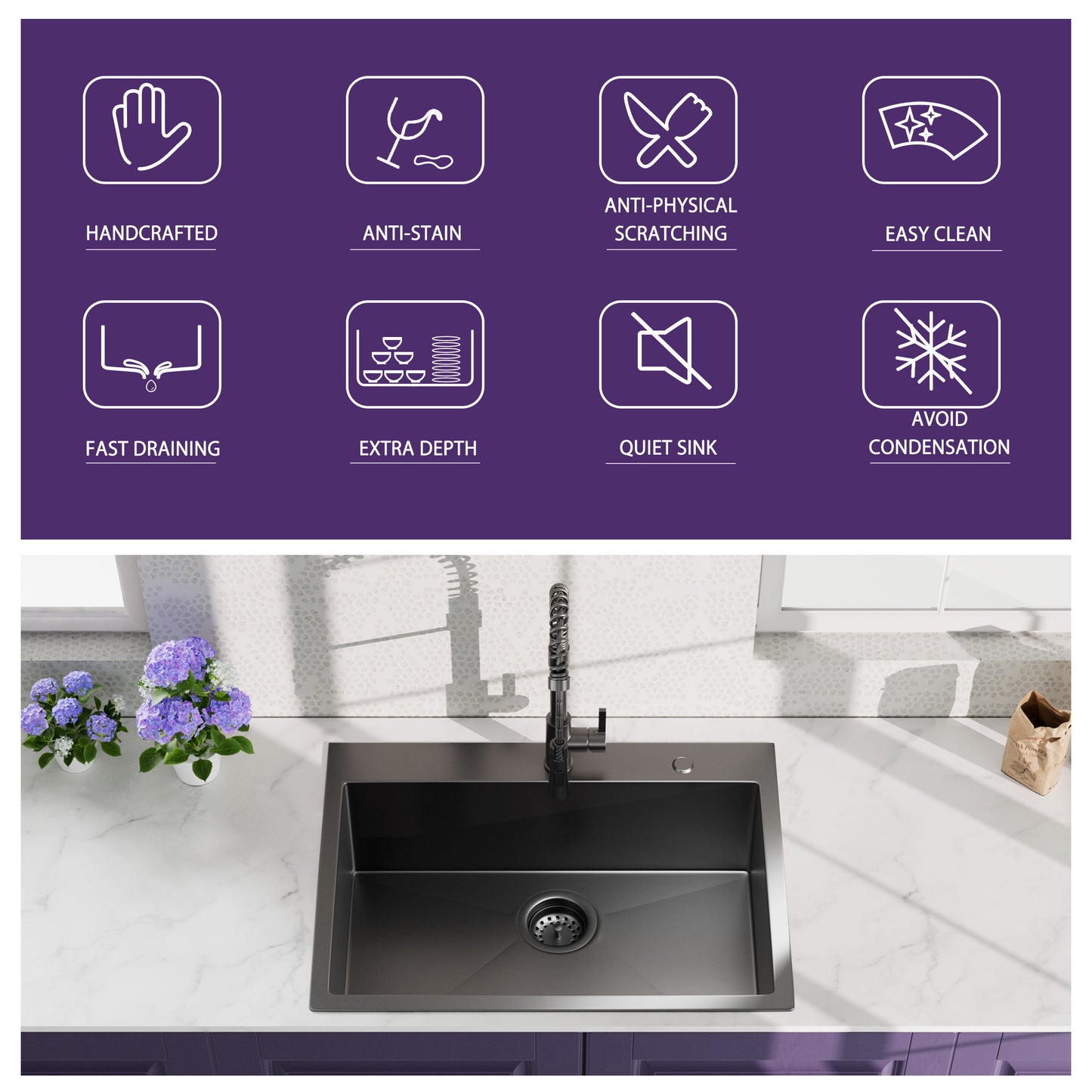 Topmount Stainless Steel Kitchen Sink Set With Black Spring Neck Faucet