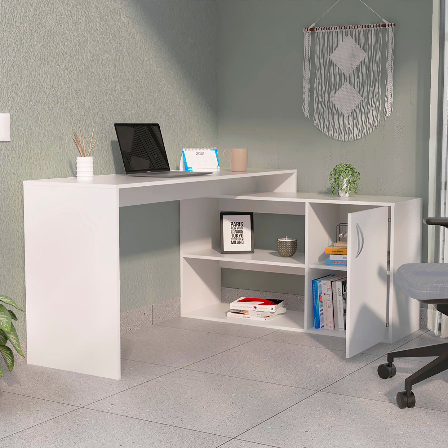 White L-Shaped Office Desk with Ample Storage Space and Functional Design