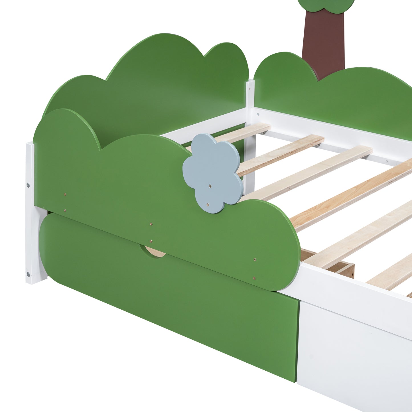 Twin Size Bed with Grass Hill and Trees Decor