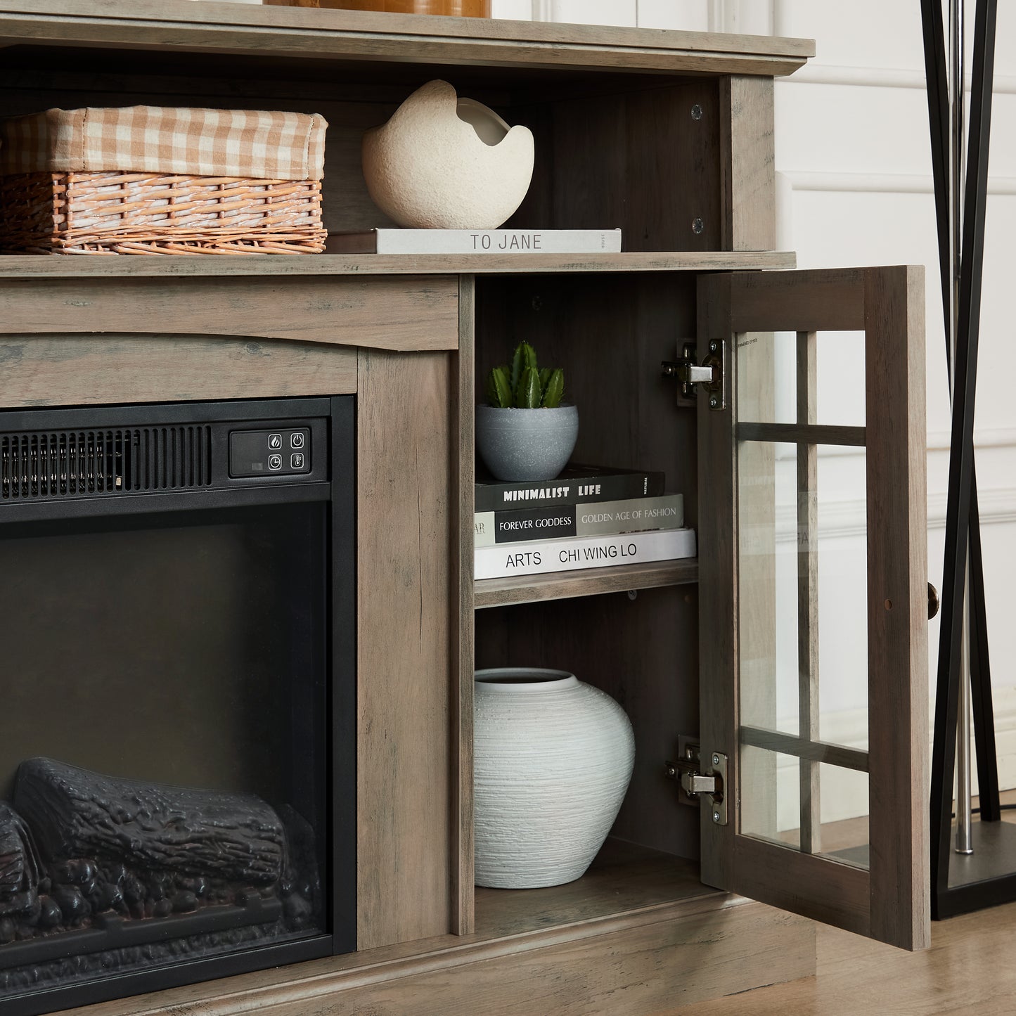 Elegant Gray Wash TV Stand with Fireplace Insert for TVs Up to 65 and Ample Storage Space