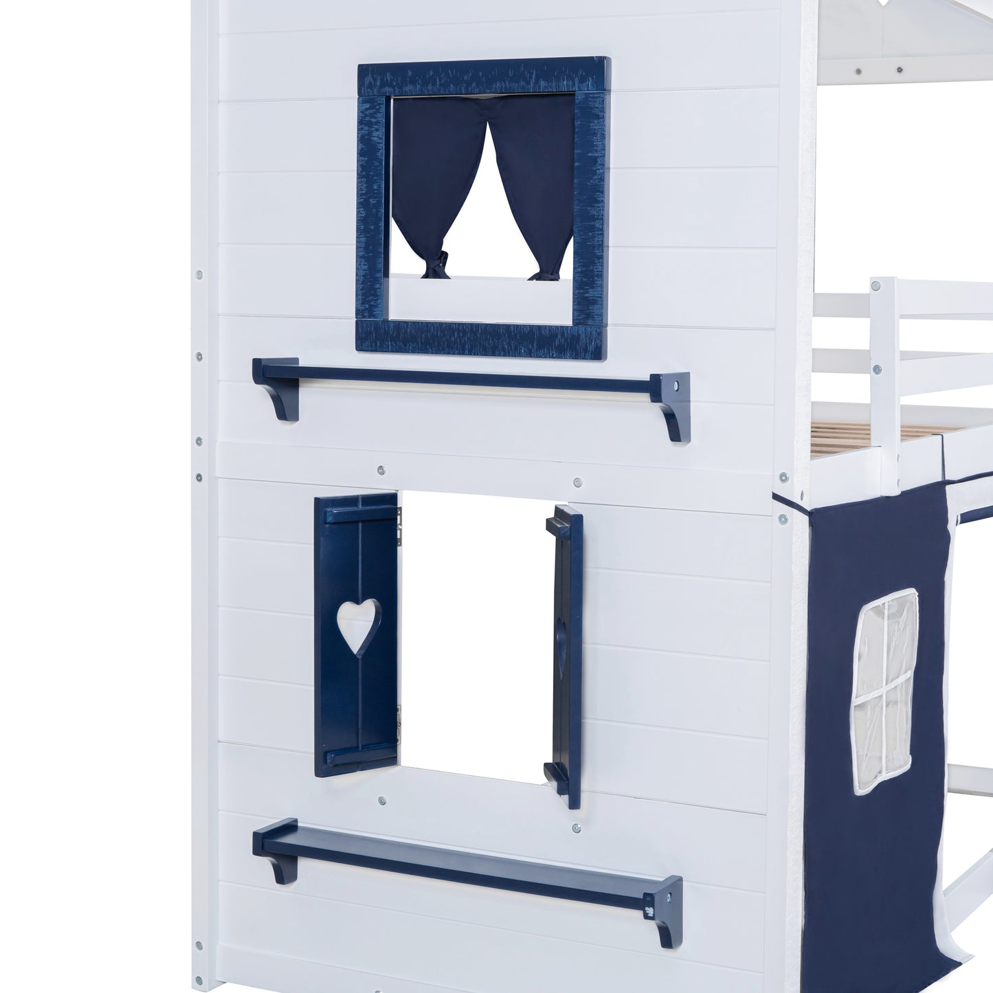 Twin Size Bunk Wood House Bed with Elegant Windows, Sills and Tent,  Blue+White