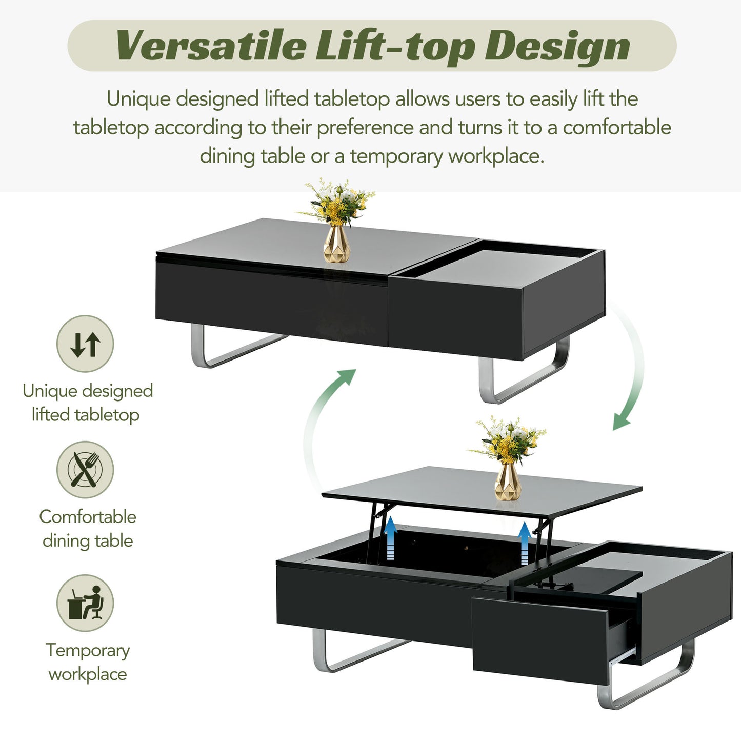 Convertible Lift-Top Coffee Table with Storage Drawer, Modern Black Cocktail Table